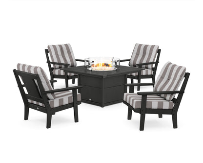 POLYWOOD® Prairie 5-Piece Deep Seating Set with Fire Pit Table in Black / Cabana Stripe Grey Mist