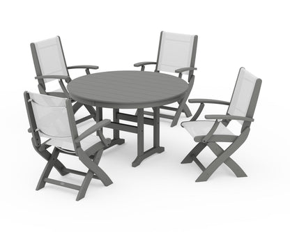 POLYWOOD® Coastal Folding Chair 5-Piece Round Dining Set in Slate Grey / White Sling