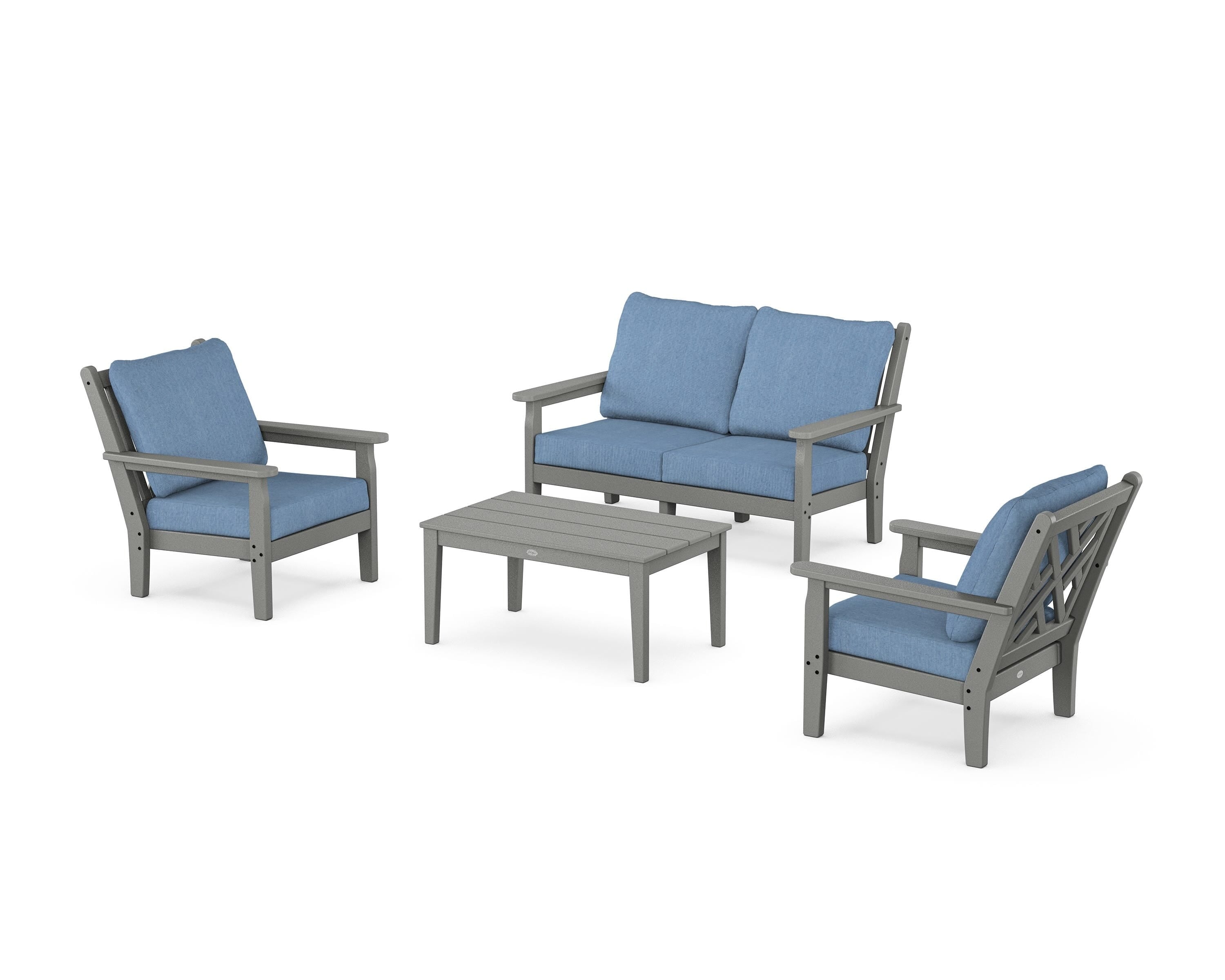 POLYWOOD® Chippendale 4-Piece Deep Seating Set with Loveseat in Slate Grey / Sky Blue