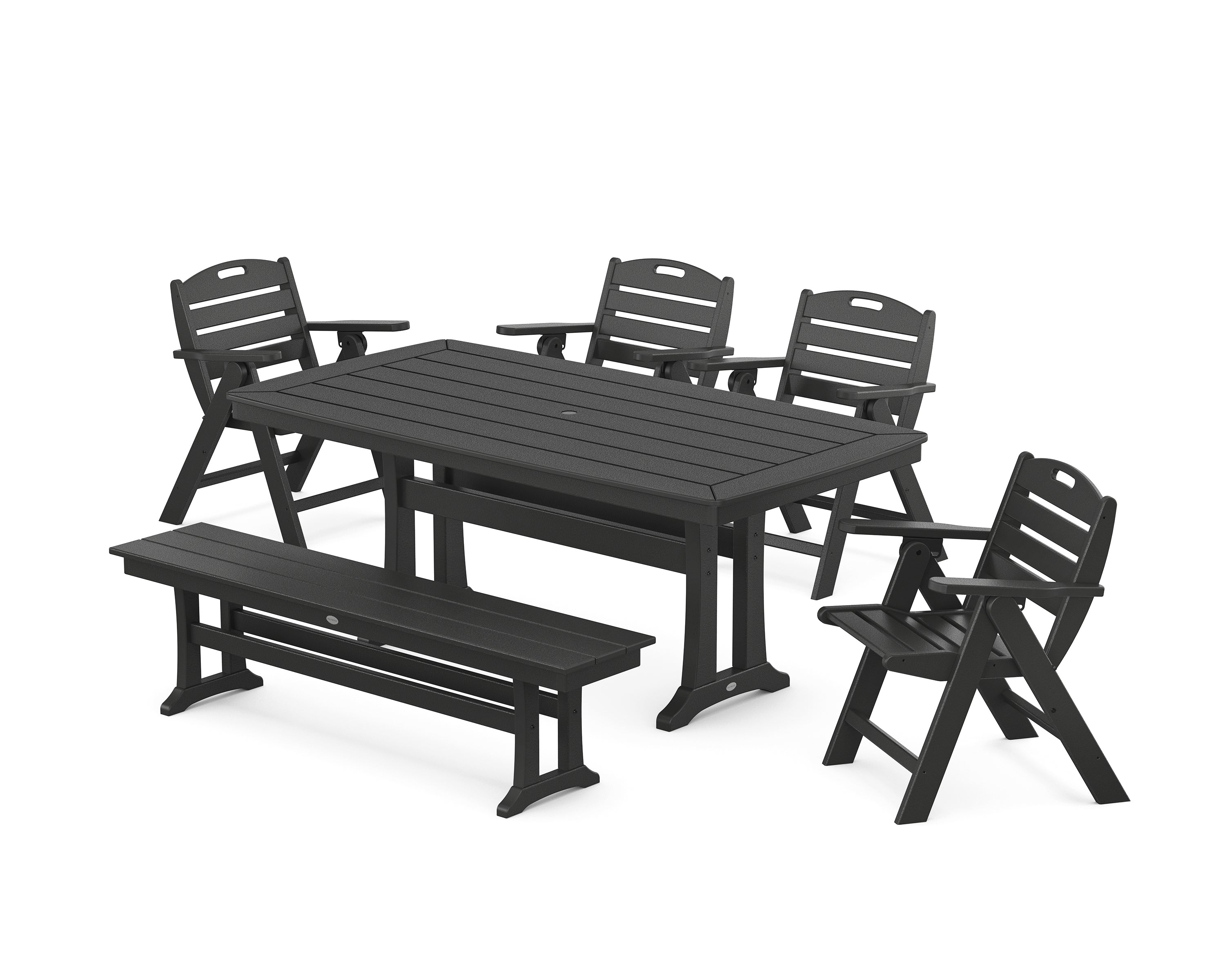 POLYWOOD® Nautical Lowback 6-Piece Dining Set with Trestle Legs and Bench in Black