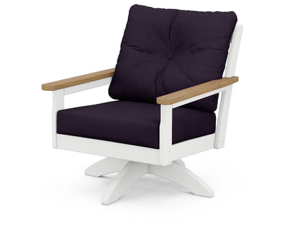 POLYWOOD® Vineyard Deep Seating Swivel Chair in White / Natural / Navy Linen