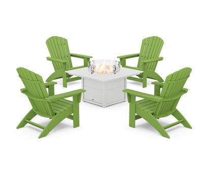 POLYWOOD® 5-Piece Nautical Grand Adirondack Conversation Set with Fire Pit Table in Lime / White