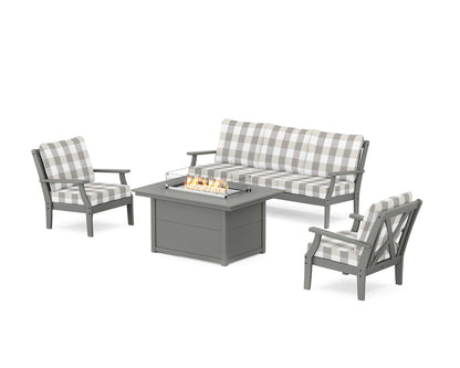 POLYWOOD® Braxton Deep Seating Fire Pit Table Set in Slate Grey / Buffalo Plaid Grey Mist