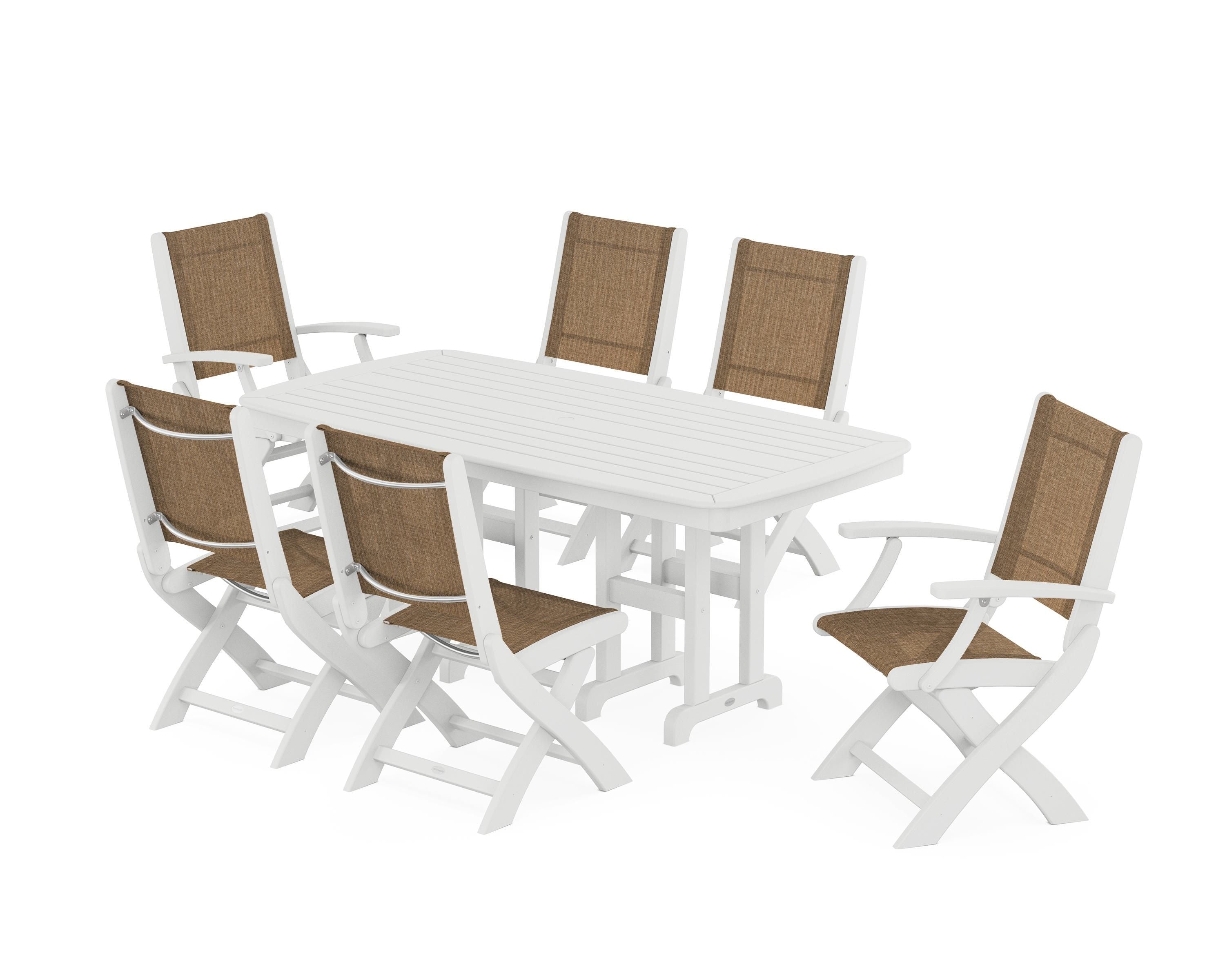 POLYWOOD® Coastal Folding Chair 7-Piece Dining Set in White / Burlap Sling