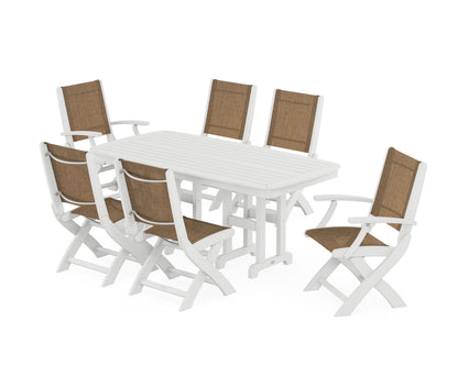 POLYWOOD® Coastal Folding Chair 7-Piece Dining Set in White / Burlap Sling
