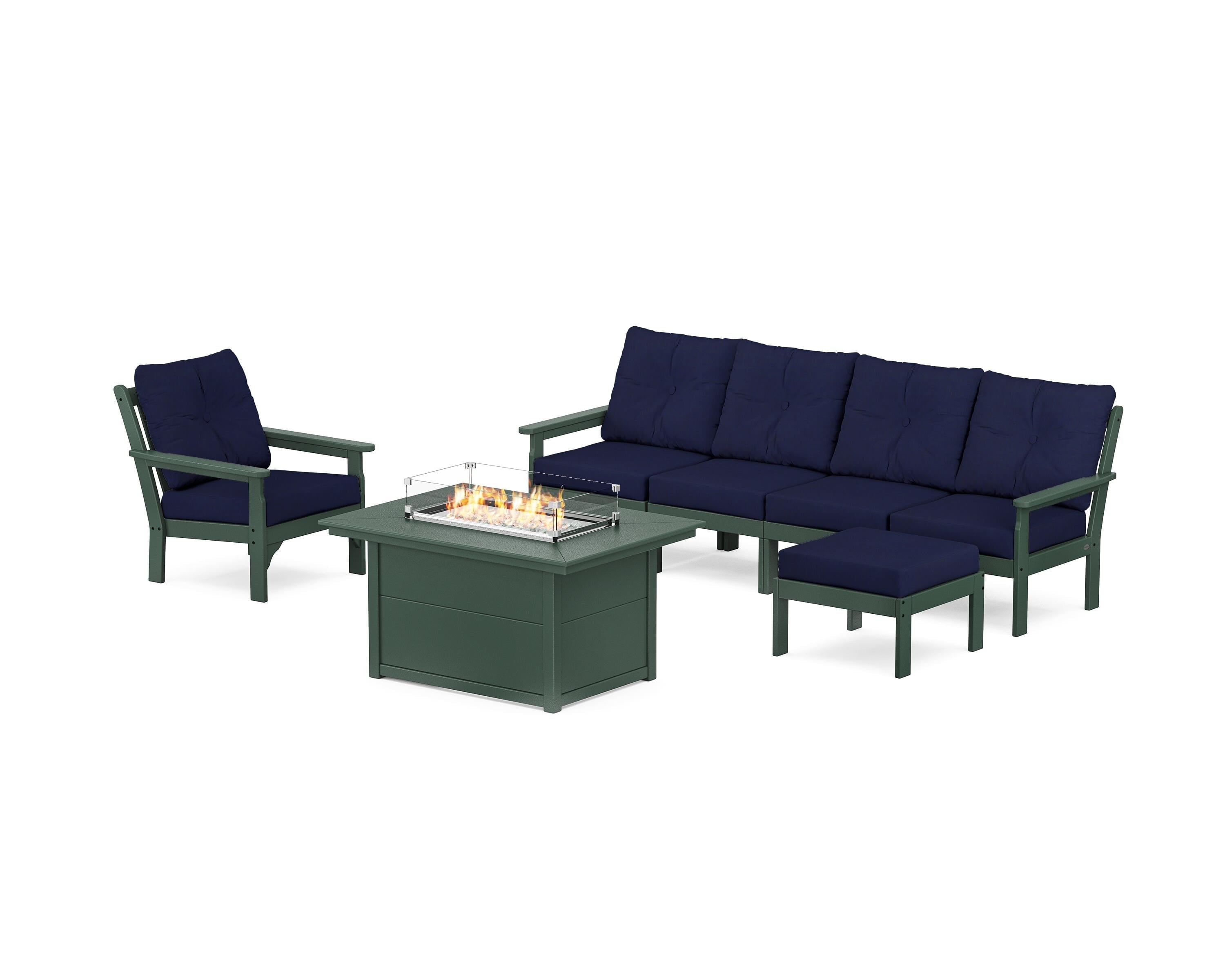 POLYWOOD® Vineyard Sectional Lounge and Fire Pit Set in Green / Navy