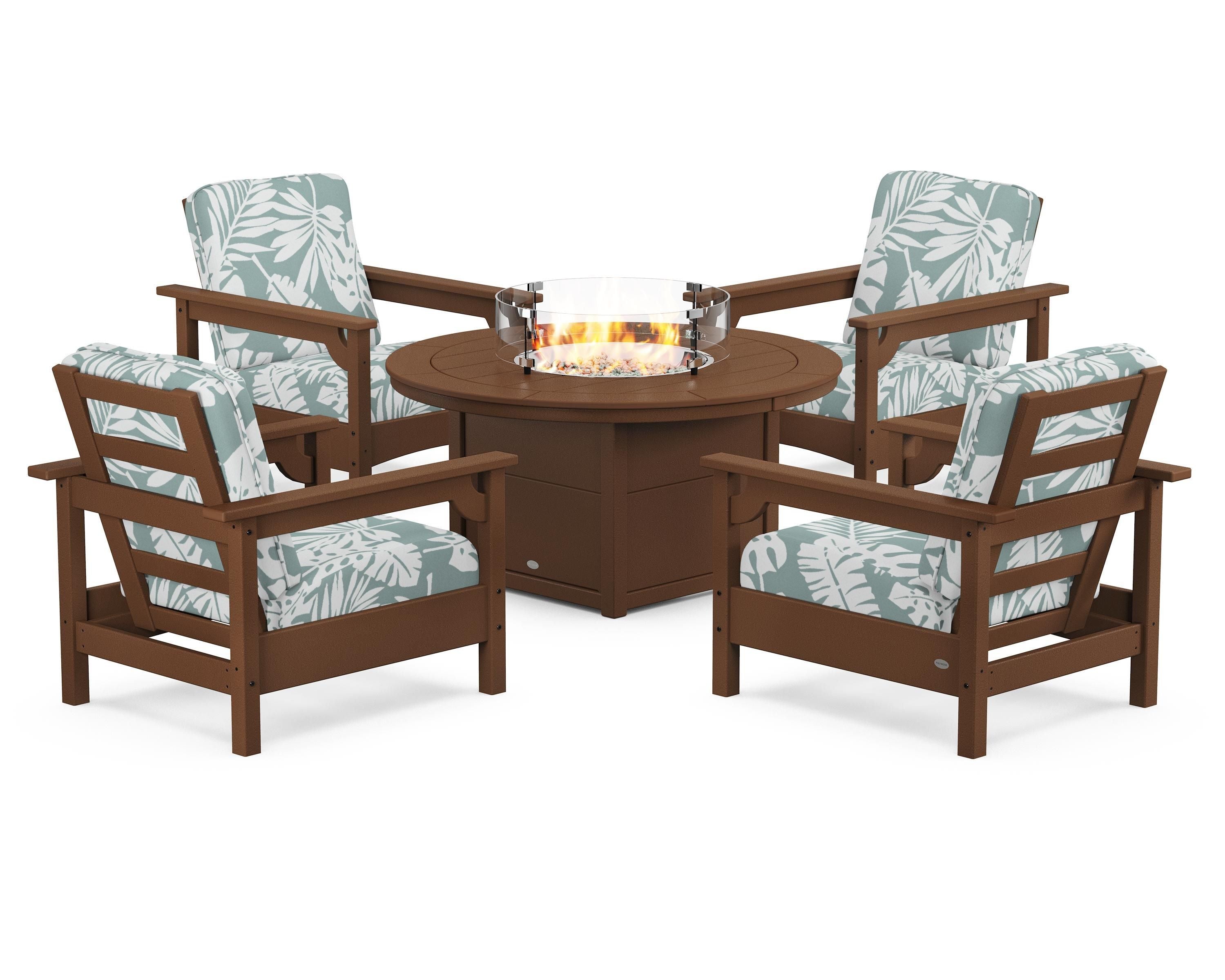 POLYWOOD® Club 5-Piece Conversation Set with Fire Pit Table in Teak / Leaf Glacier Spa