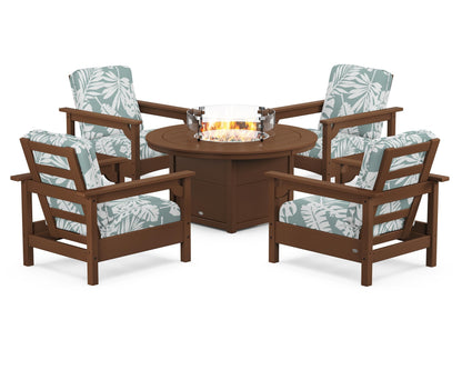 POLYWOOD® Club 5-Piece Conversation Set with Fire Pit Table in Teak / Leaf Glacier Spa
