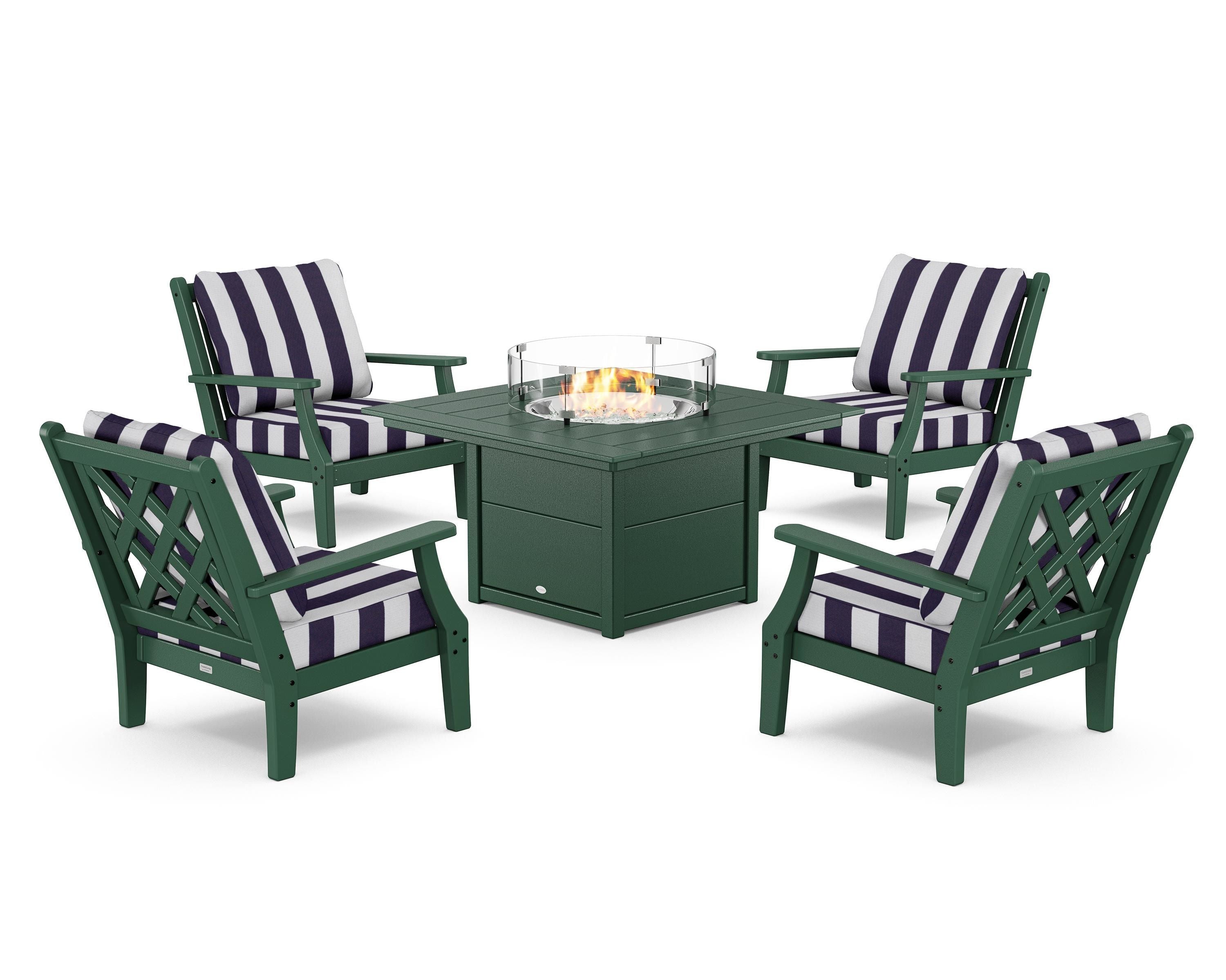 Country Living Wovendale 5-Piece Deep Seating Set with Fire Pit Table in Green / Cabana Stripe Navy