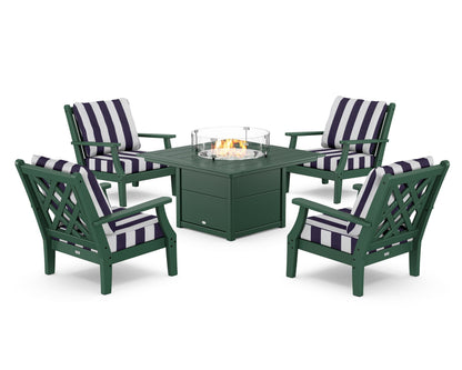 Country Living Wovendale 5-Piece Deep Seating Set with Fire Pit Table in Green / Cabana Stripe Navy
