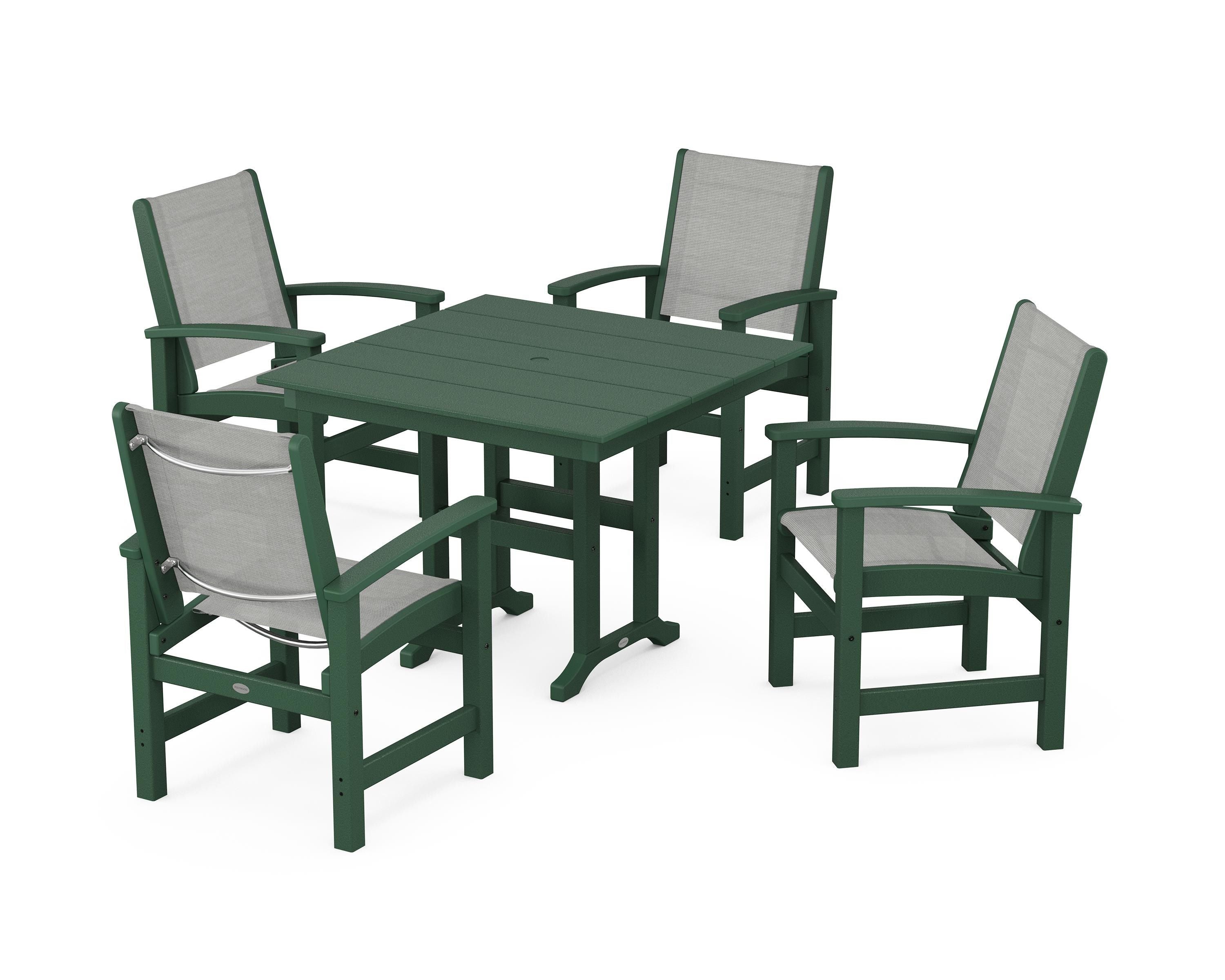 POLYWOOD® Coastal 5-Piece Farmhouse Dining Set in Green / Metallic Sling