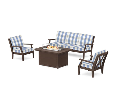 POLYWOOD® Braxton Deep Seating Fire Pit Table Set in Mahogany / Buffalo Plaid Sky Blue