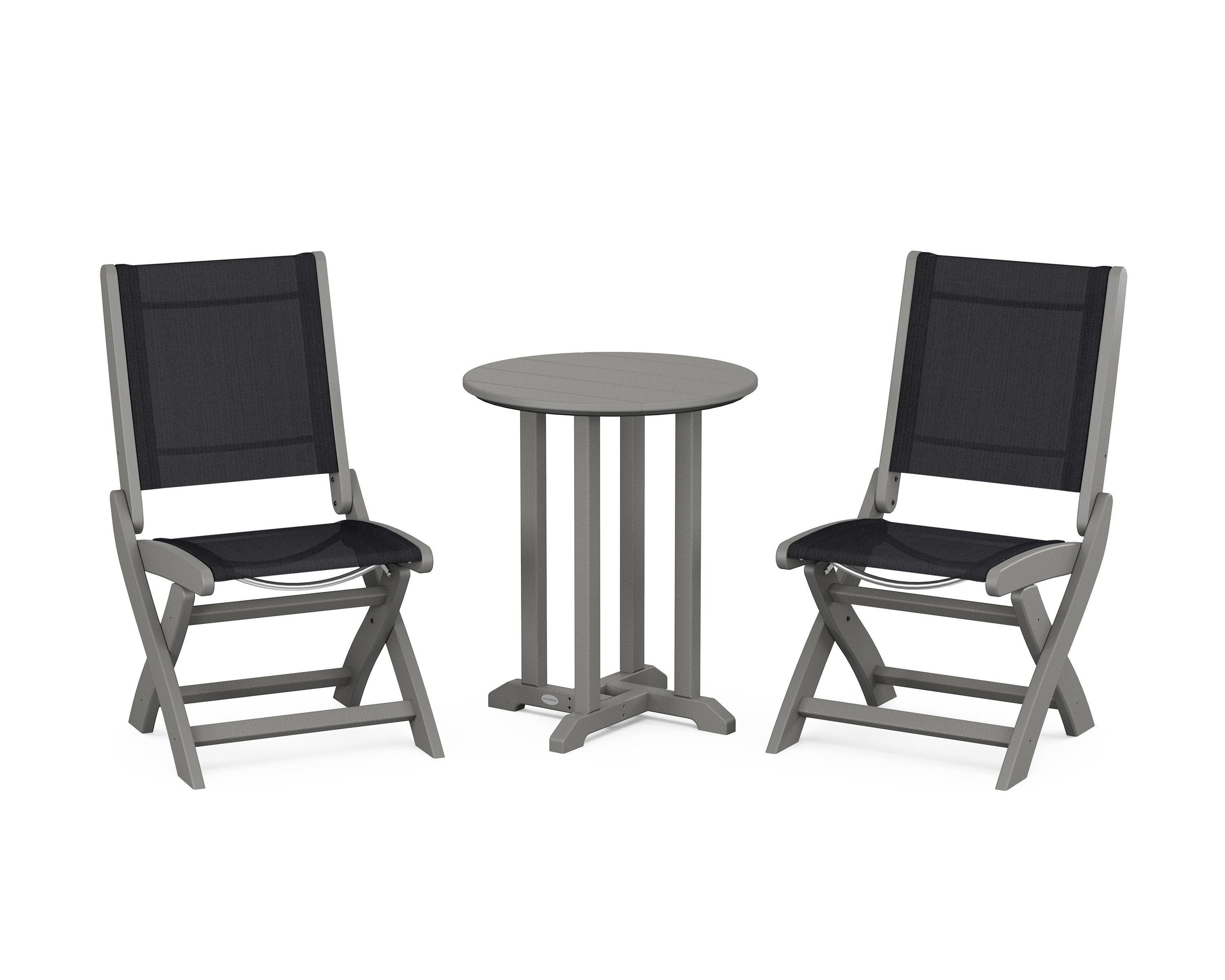 POLYWOOD® Coastal Folding Side Chair 3-Piece Round Bistro Dining Set in Slate Grey / Black Sling