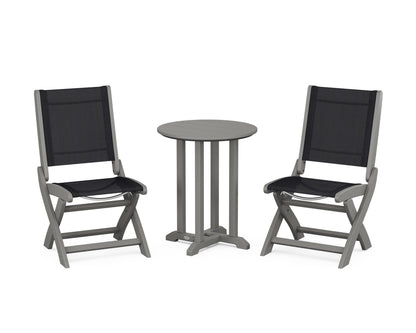 POLYWOOD® Coastal Folding Side Chair 3-Piece Round Bistro Dining Set in Slate Grey / Black Sling
