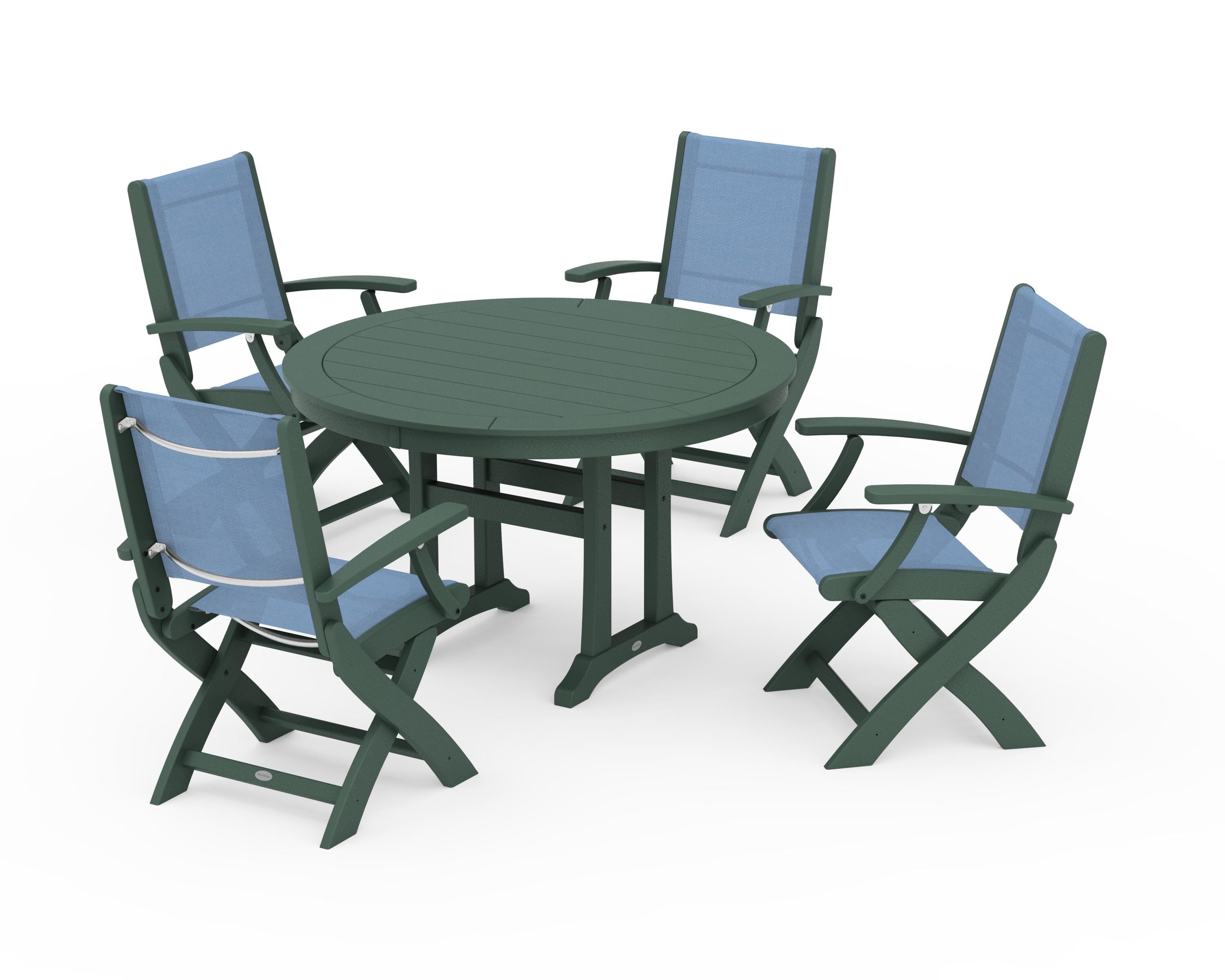 POLYWOOD® Coastal Folding Chair 5-Piece Round Dining Set with Trestle Legs in Green / Poolside Sling