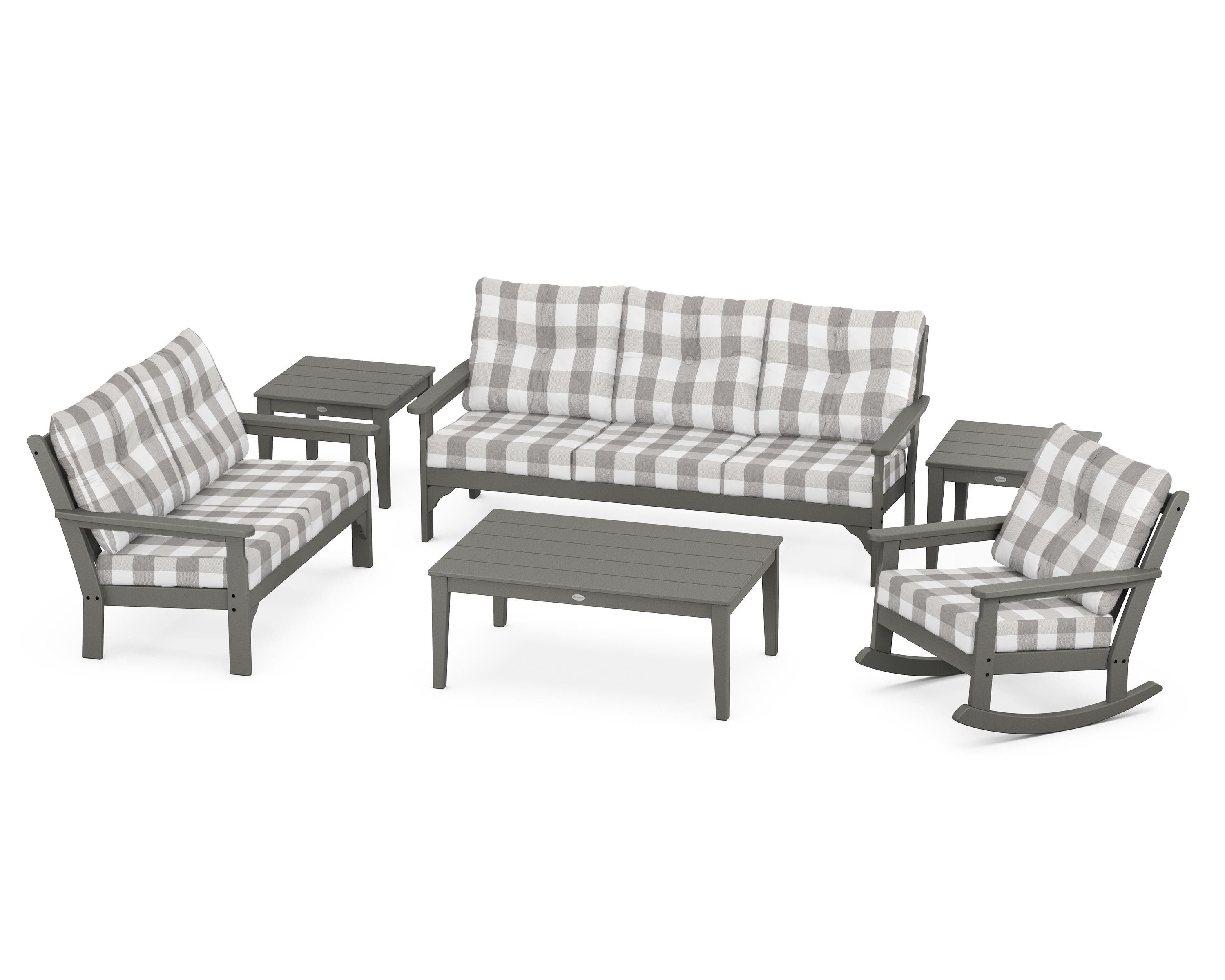 POLYWOOD® Vineyard 6-Piece Deep Seating Set in Slate Grey / Buffalo Plaid Grey Mist