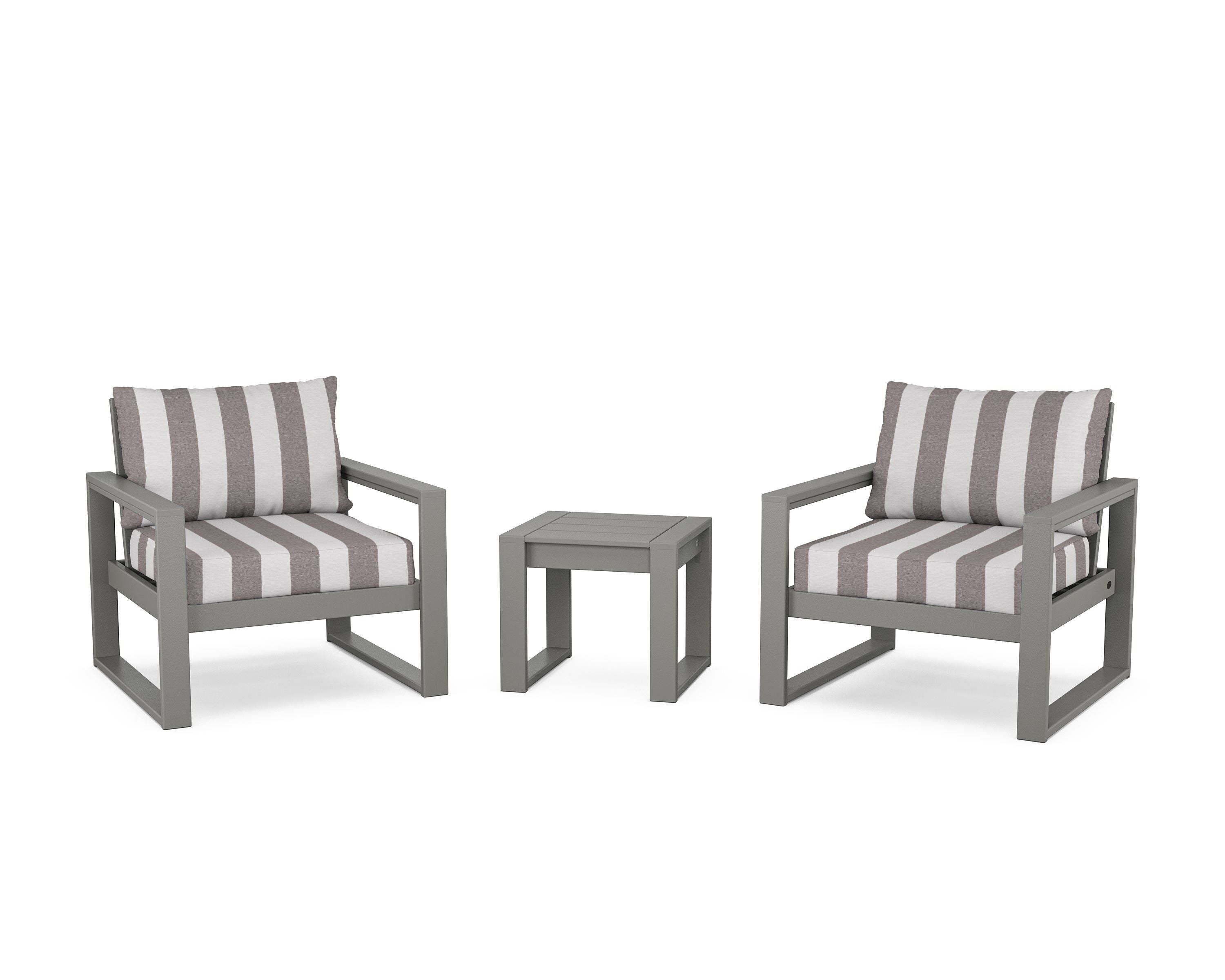 POLYWOOD® EDGE Sectional 3-Piece Deep Seating Set in Slate Grey / Cabana Stripe Grey Mist