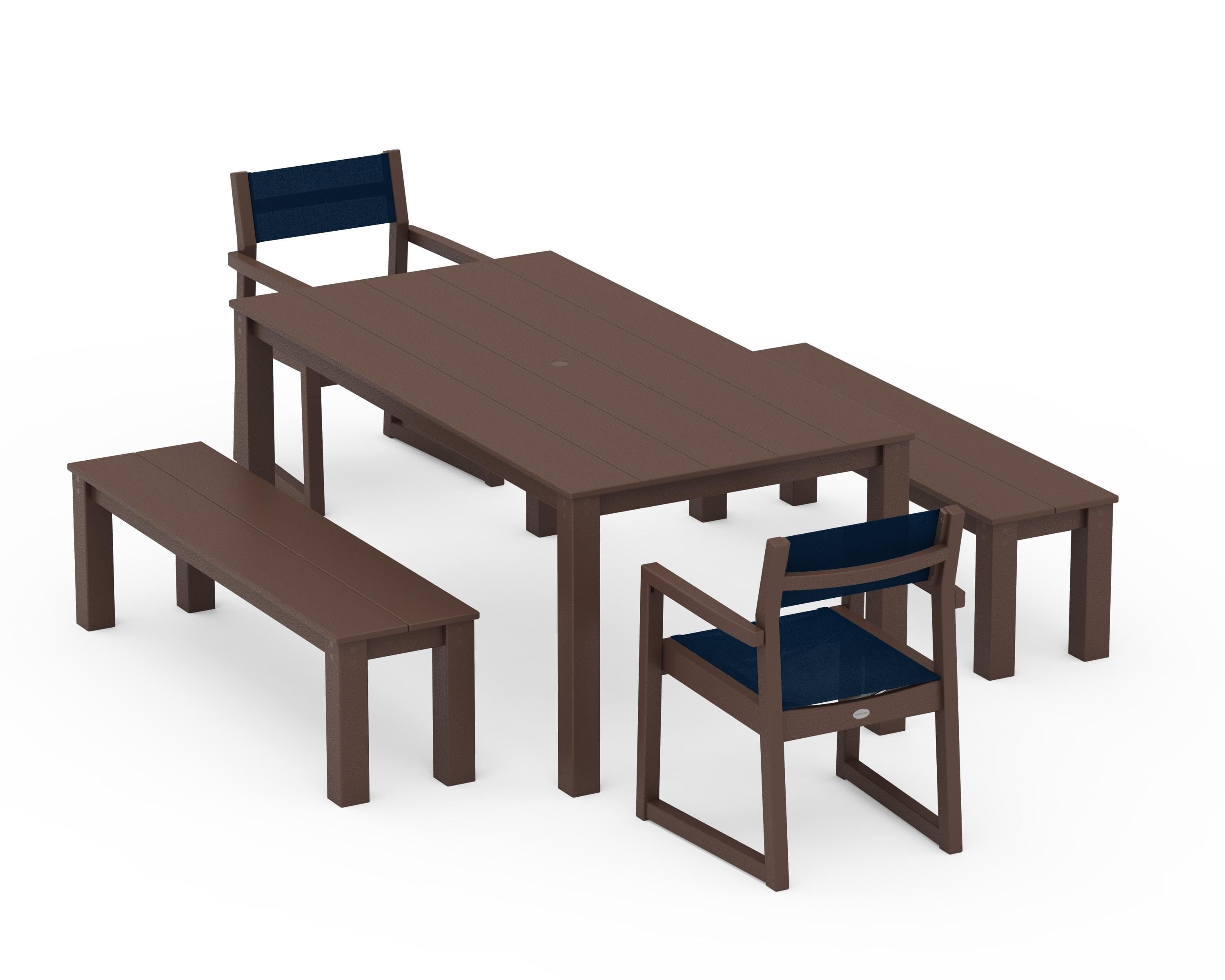 POLYWOOD® EDGE Sling Arm Chair 5-Piece Parsons Dining Set with Benches in Mahogany / Navy Blue Sling