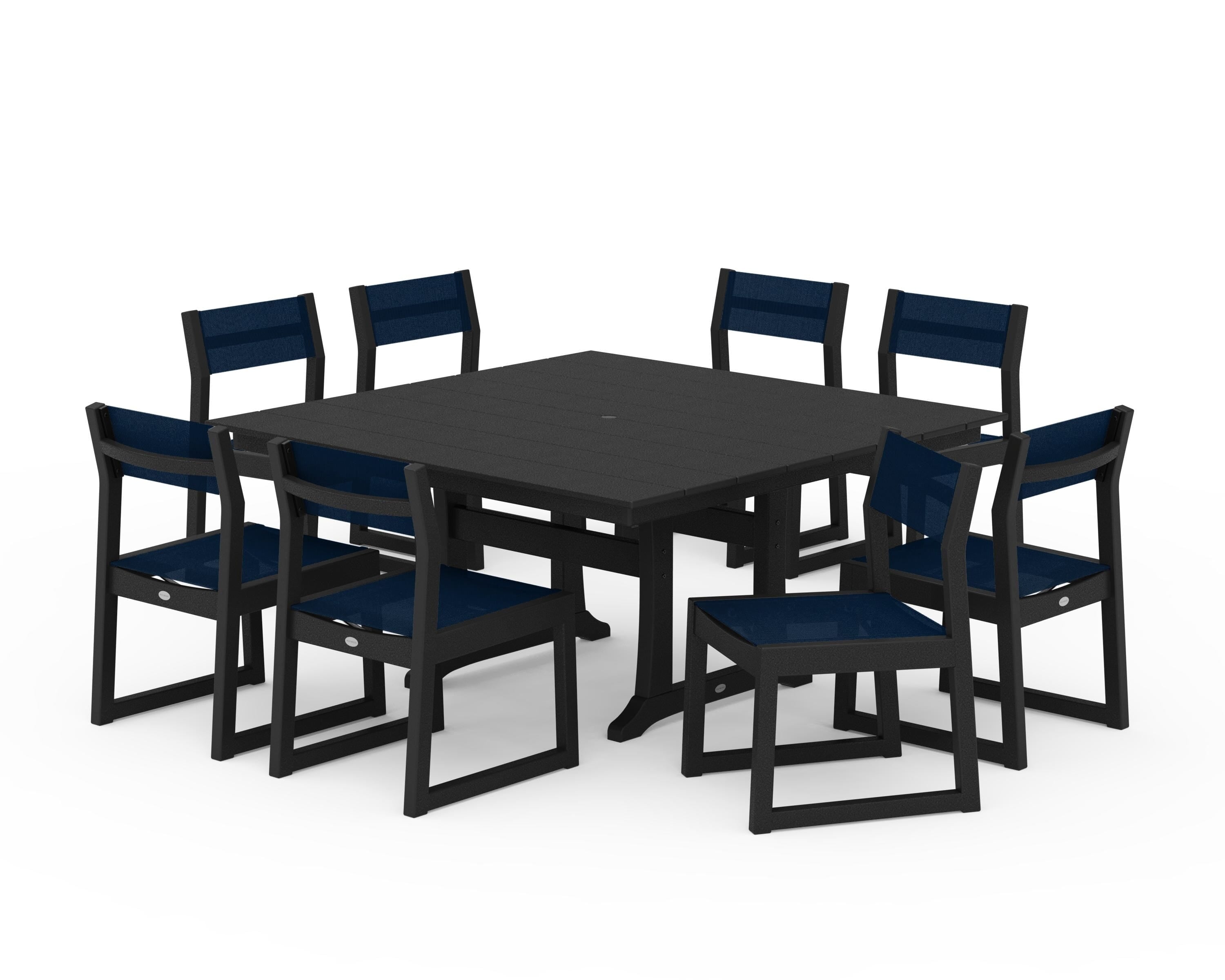 POLYWOOD® EDGE Sling Side Chair 9-Piece Farmhouse Trestle Dining Set in Black / Navy Blue Sling