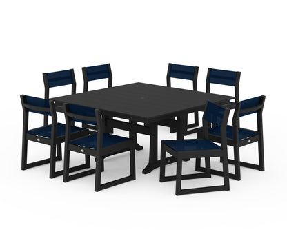 POLYWOOD® EDGE Sling Side Chair 9-Piece Farmhouse Trestle Dining Set in Black / Navy Blue Sling