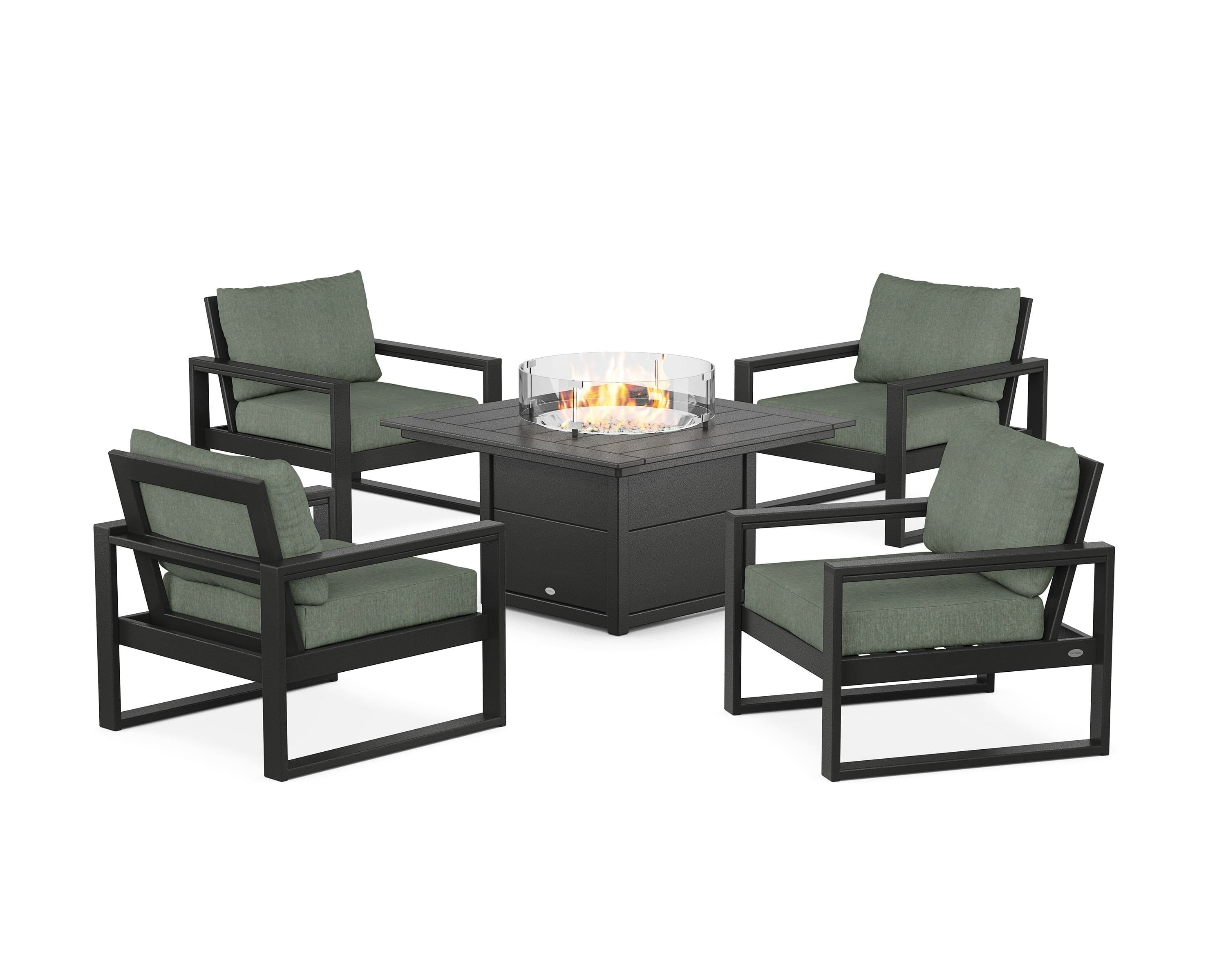 POLYWOOD® EDGE Sectional 5-Piece Deep Seating Set with Fire Pit Table in Black / Cast Sage
