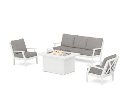 POLYWOOD® Braxton Deep Seating Fire Pit Table Set in White / Grey Mist