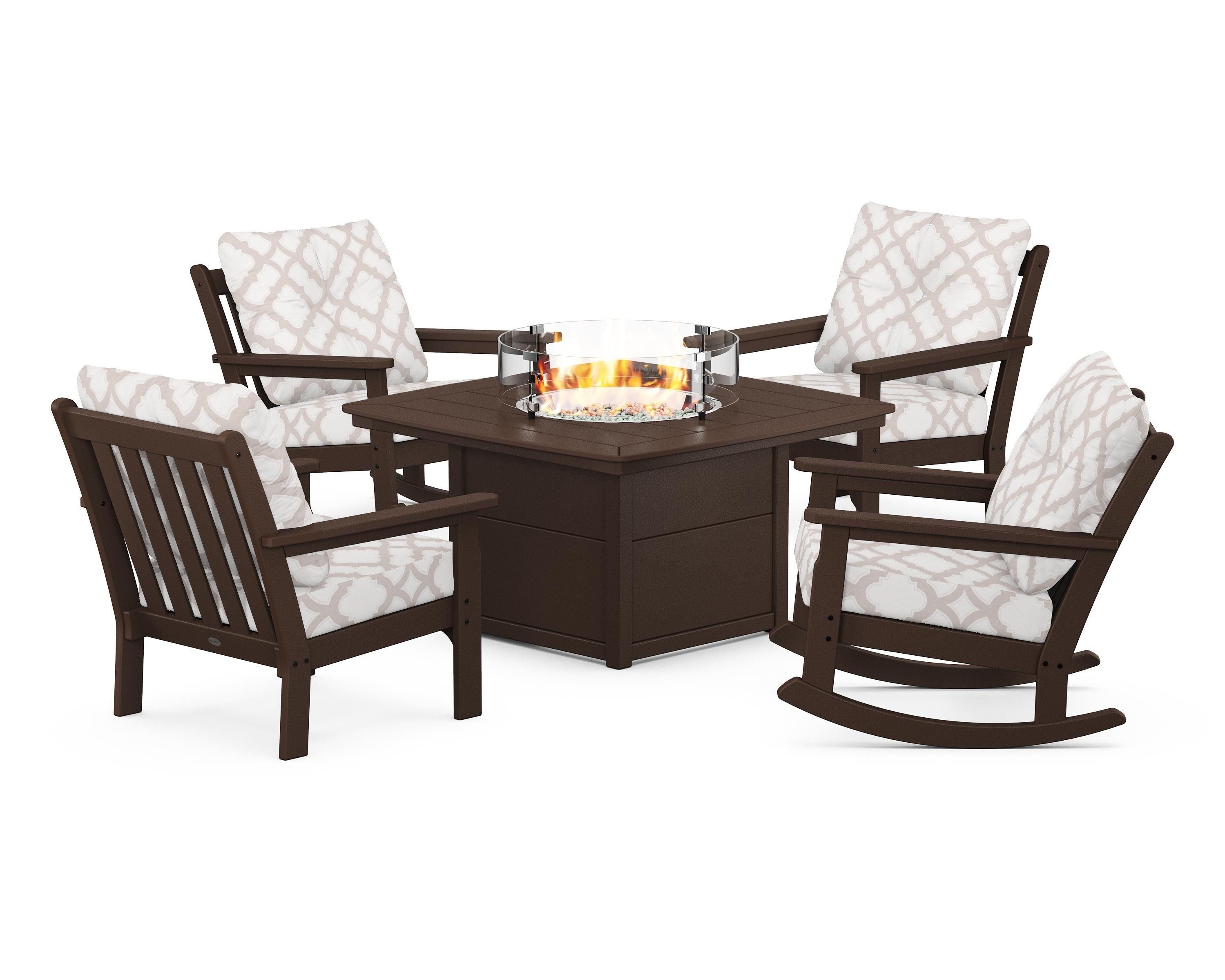 POLYWOOD® Vineyard 5-Piece Deep Seating Rocking Chair Conversation Set with Fire Pit Table in Mahogany / Trellis Dune Burlap