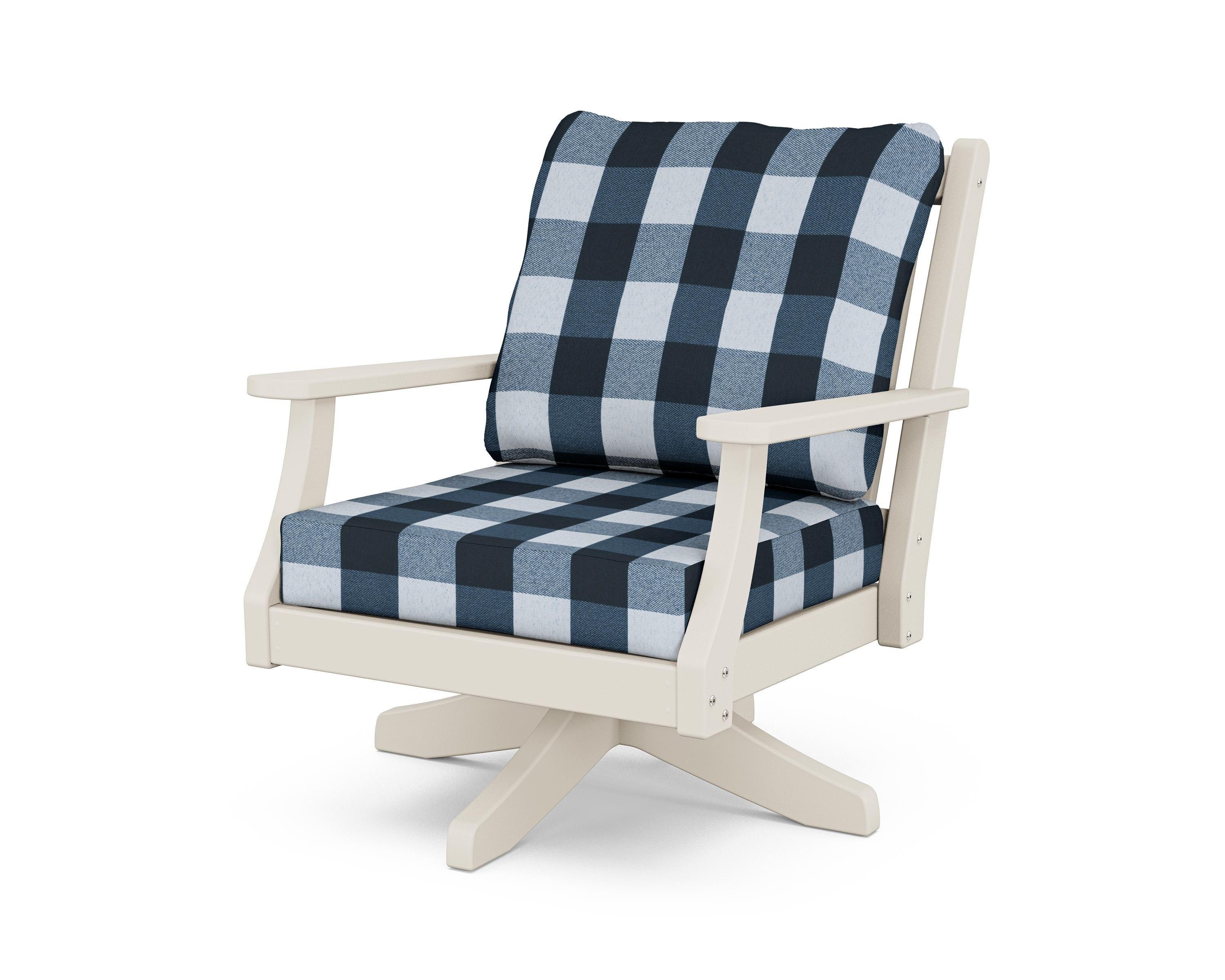 Country Living Wovendale Deep Seating Swivel Chair in Sand / Buffalo Plaid Marine Indigo