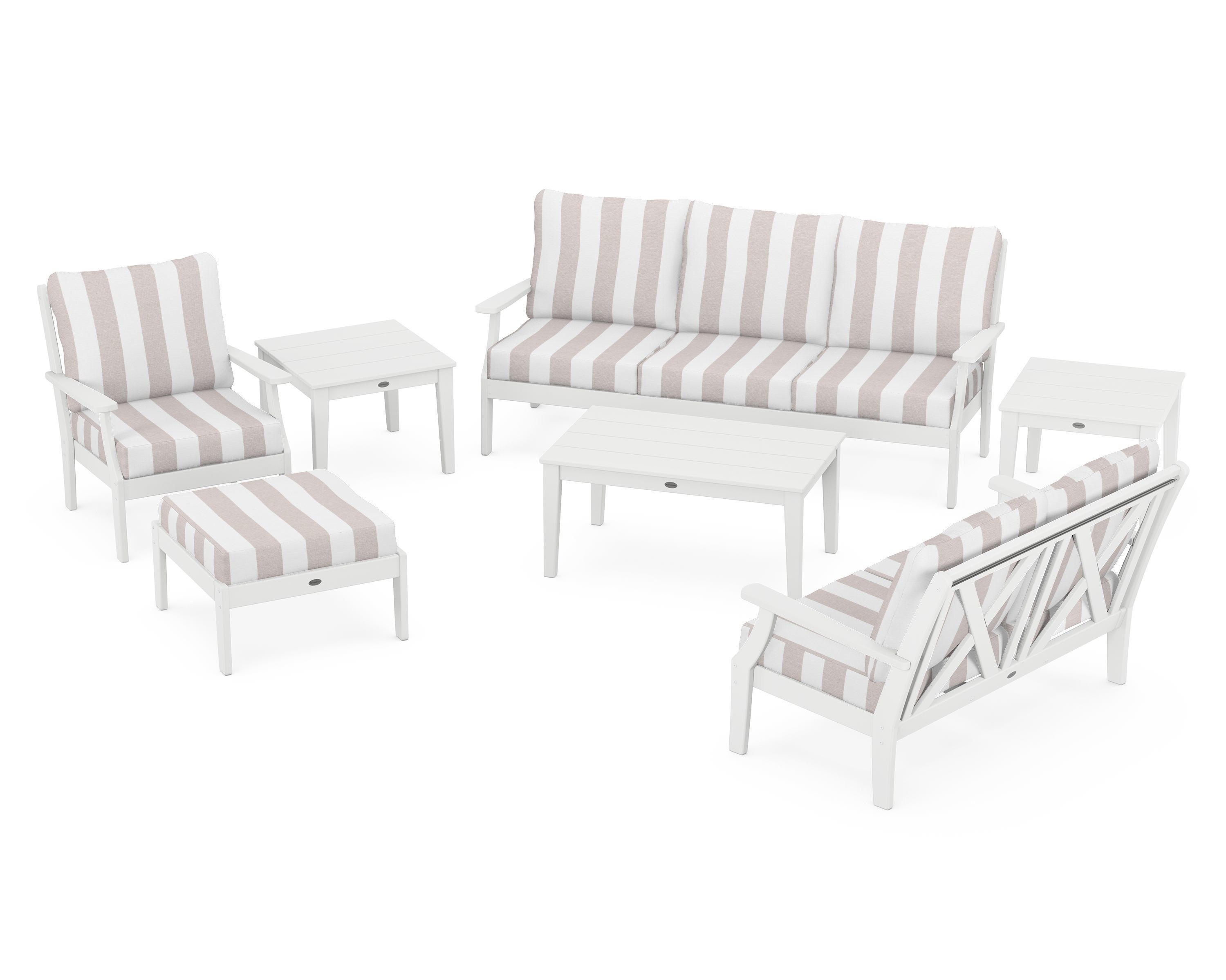 POLYWOOD® Braxton 7-Piece Deep Seating Set in White / Cabana Stripe Dune Burlap