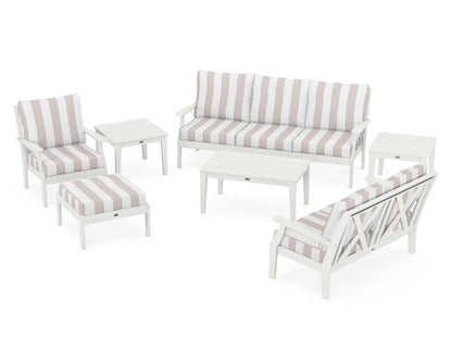POLYWOOD® Braxton 7-Piece Deep Seating Set in White / Cabana Stripe Dune Burlap