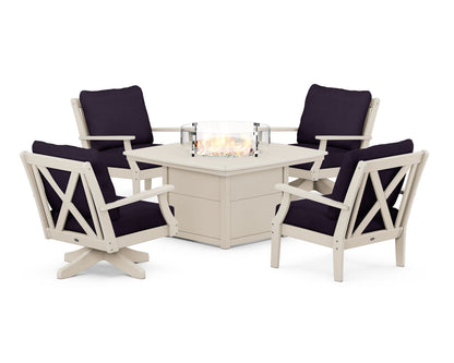 POLYWOOD® Braxton 5-Piece Deep Seating Set with Fire Table in Sand / Navy Linen