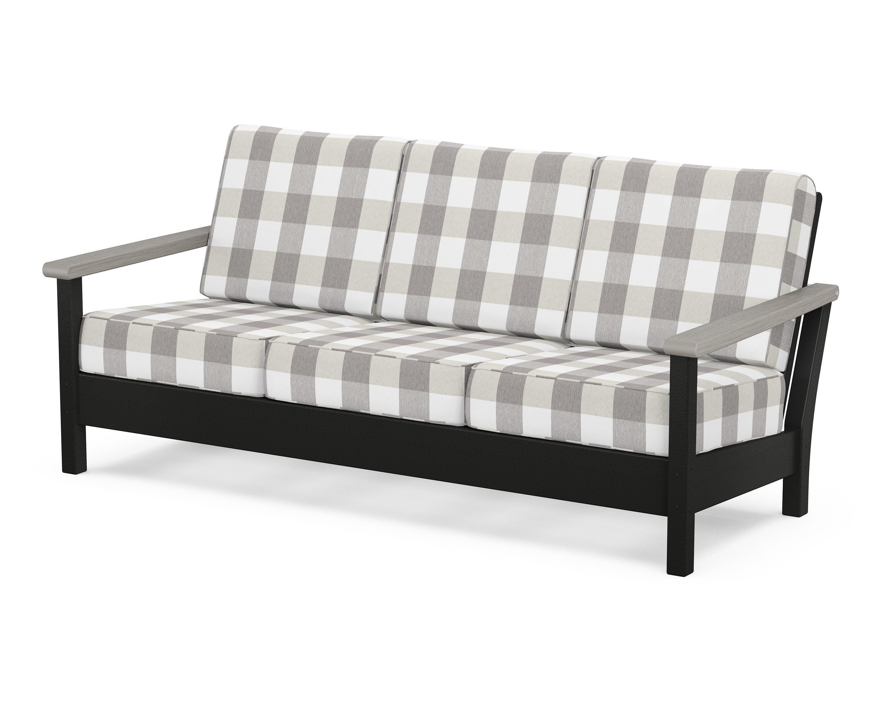 POLYWOOD® Harbour Deep Seating Sofa in Black / Driftwood / Buffalo Plaid Grey Mist