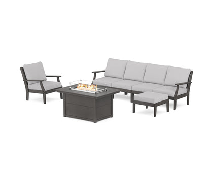 POLYWOOD® Braxton Sectional Lounge and Fire Pit Set in Vintage Coffee / Granite