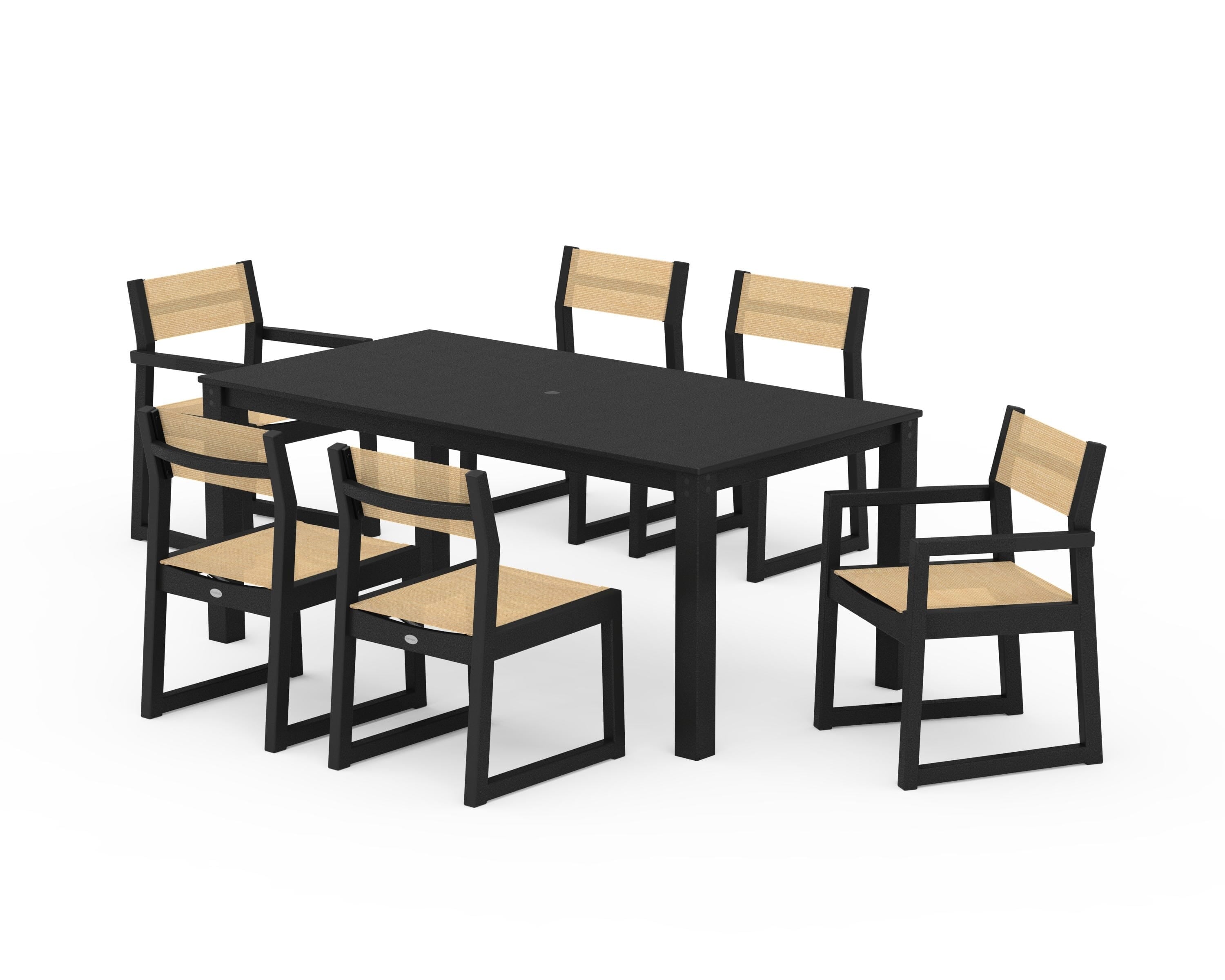 POLYWOOD® EDGE Sling 7-Piece Parsons Dining Set in Black / Dupioni Apricot Sling