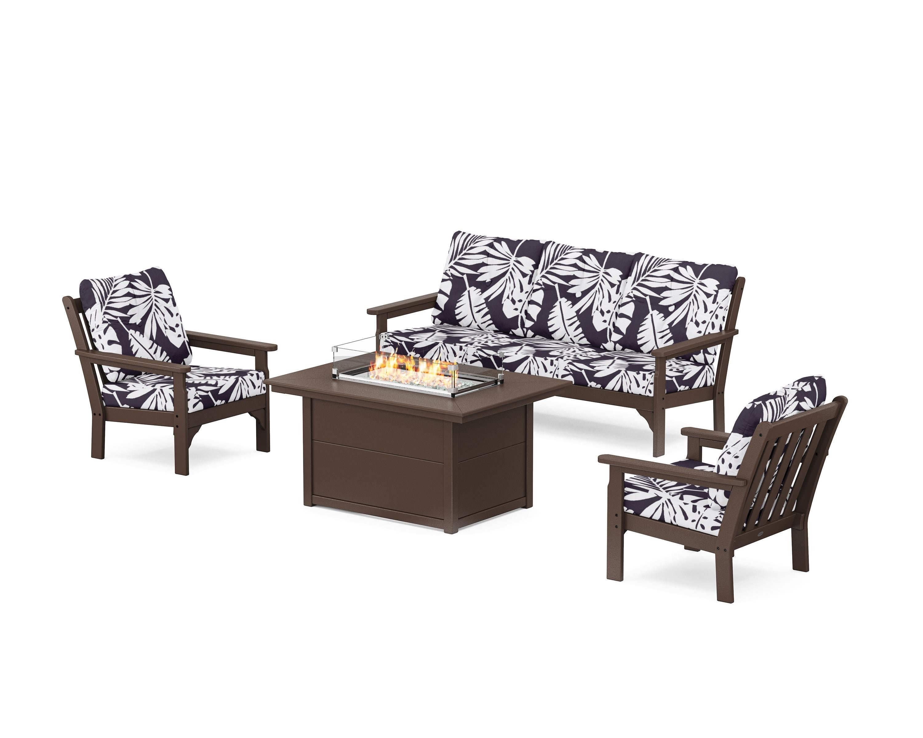 POLYWOOD® Vineyard Deep Seating Fire Pit Table Set in Mahogany / Leaf Navy