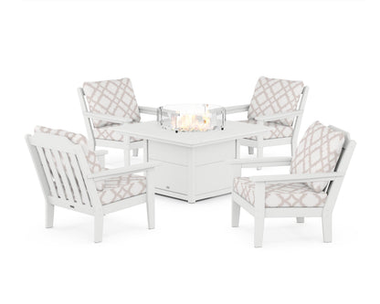 Country Living Cottage 5-Piece Deep Seating Set with Fire Pit Table in White / Trellis Dune Burlap