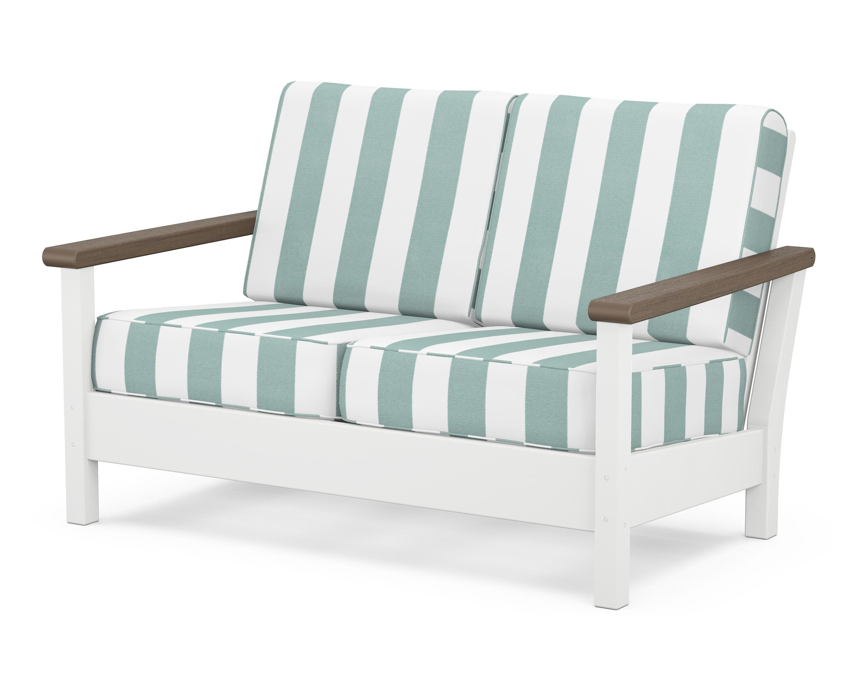 POLYWOOD® Harbour Deep Seating Loveseat in White / Kona / Cabana Stripe Glacier Spa