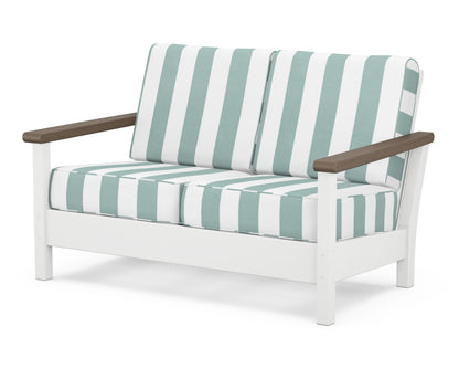 POLYWOOD® Harbour Deep Seating Loveseat in White / Kona / Cabana Stripe Glacier Spa