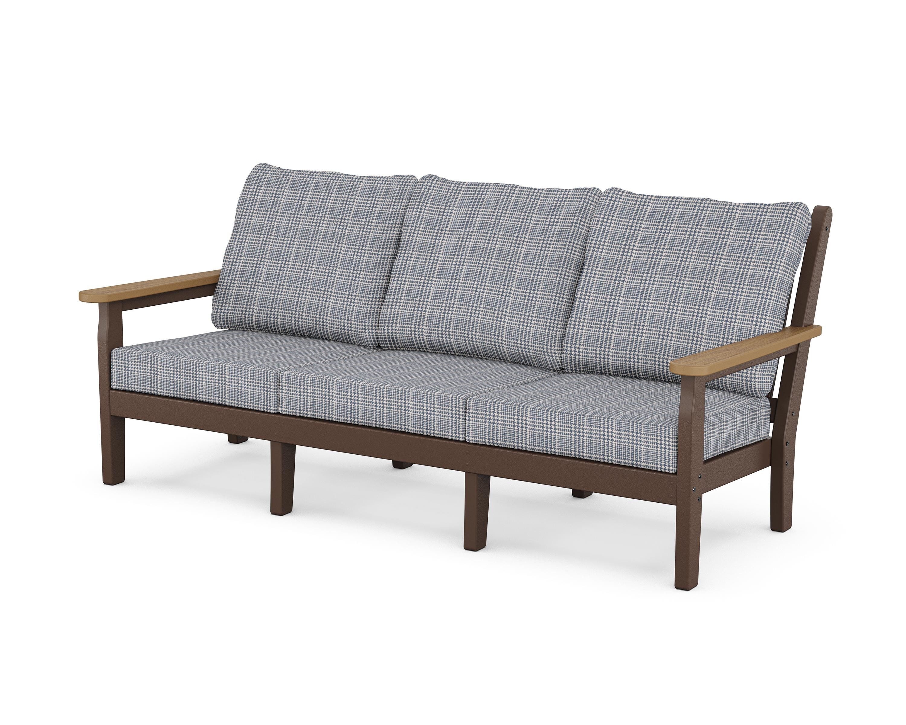 POLYWOOD® Chippendale Deep Seating Sofa in Mahogany / Natural / Houndstooth Sky Blue