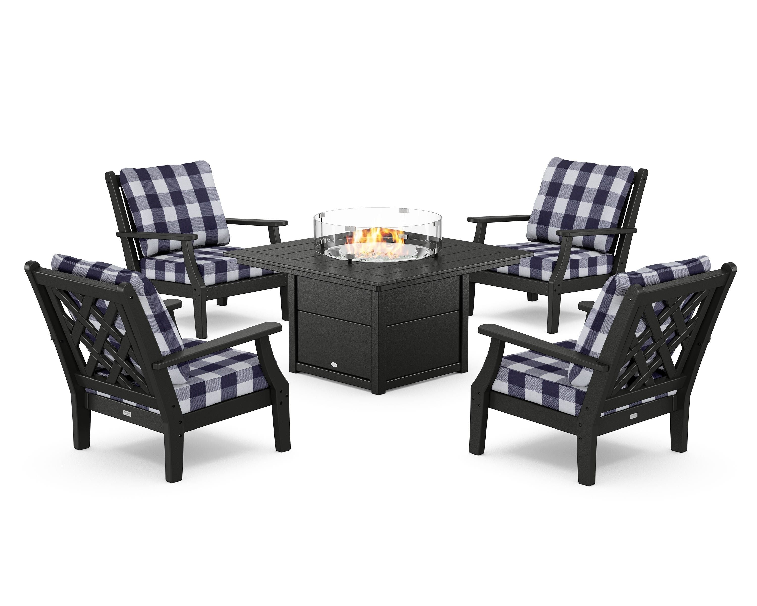 Country Living Wovendale 5-Piece Deep Seating Set with Fire Pit Table in Black / Buffalo Plaid Navy