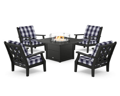 Country Living Wovendale 5-Piece Deep Seating Set with Fire Pit Table in Black / Buffalo Plaid Navy
