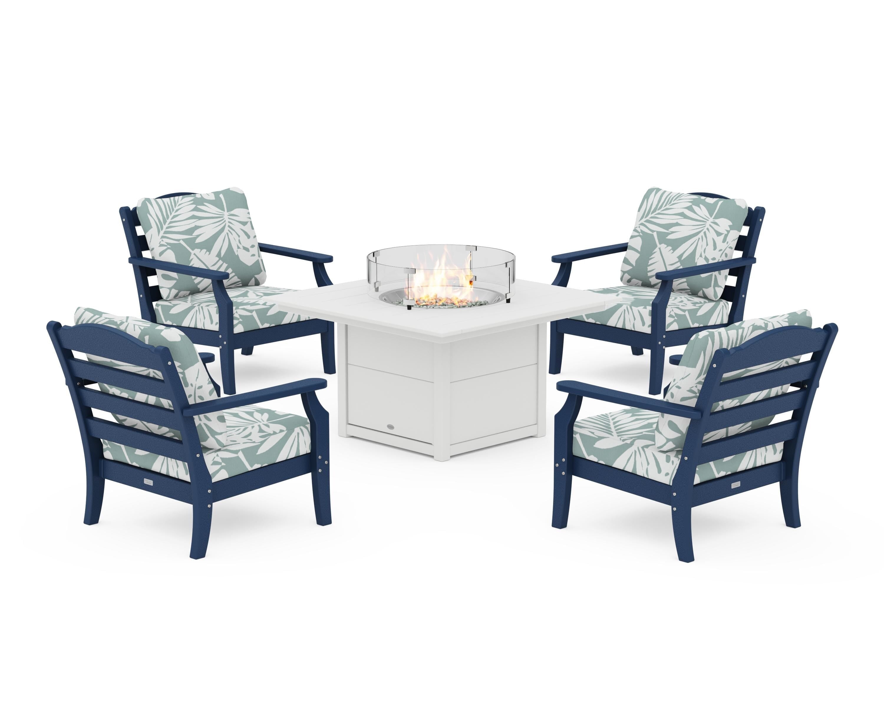 Draper James™ by  POLYWOOD® Savannah 5-Piece Deep Seating Set with Fire Pit Table in Navy / Leaf Glacier Spa