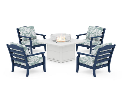 Draper James™ by  POLYWOOD® Savannah 5-Piece Deep Seating Set with Fire Pit Table in Navy / Leaf Glacier Spa