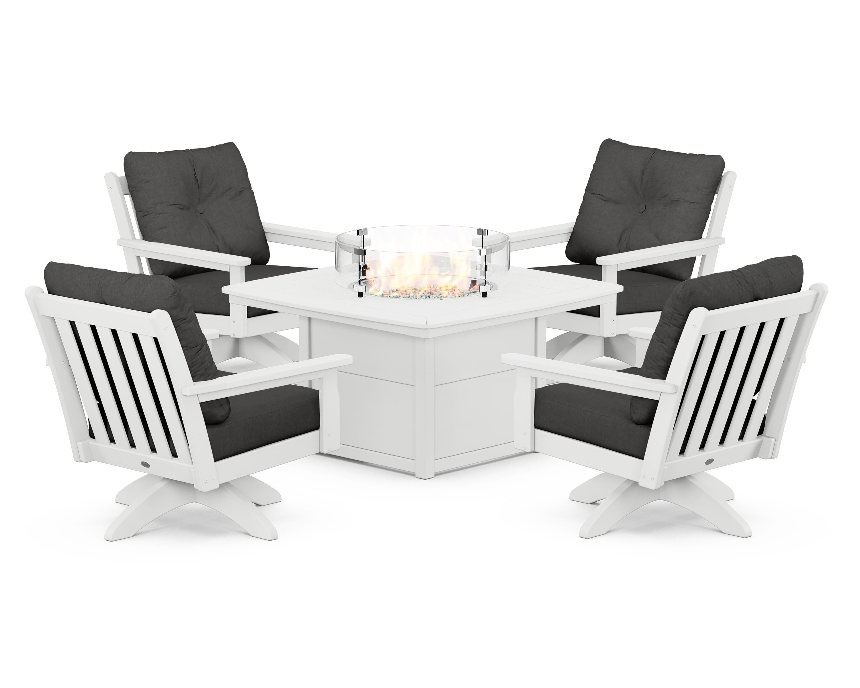 POLYWOOD® Vineyard 5-Piece Deep Seating Swivel Conversation Set with Fire Pit Table in White / Spectrum Carbon
