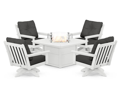 POLYWOOD® Vineyard 5-Piece Deep Seating Swivel Conversation Set with Fire Pit Table in White / Spectrum Carbon