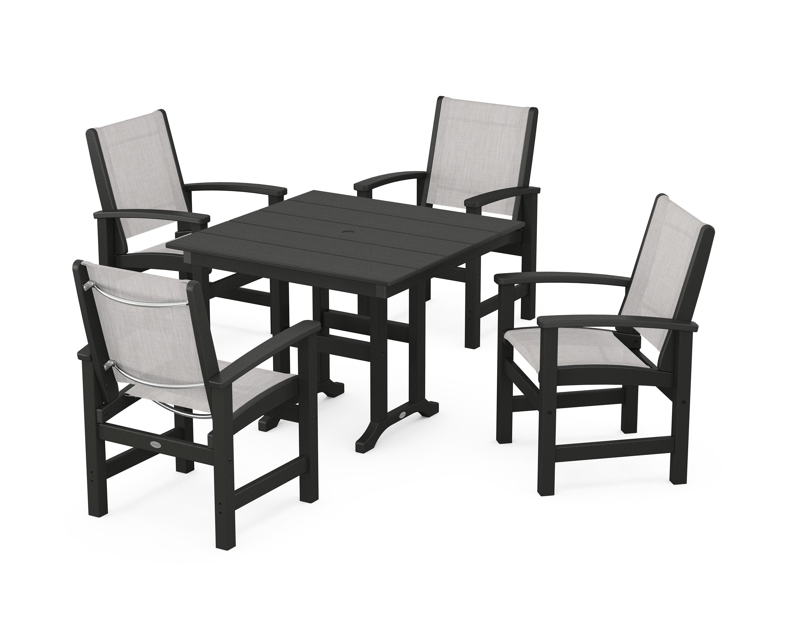 POLYWOOD® Coastal 5-Piece Farmhouse Dining Set in Black / Parchment Sling