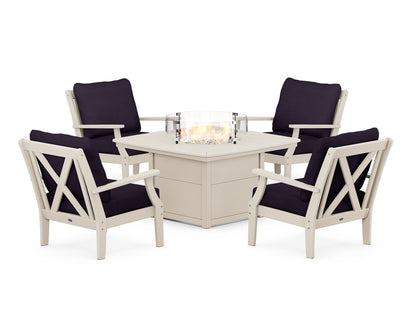 POLYWOOD® Braxton 5-Piece Deep Seating Conversation Set with Fire Pit Table in Sand / Navy Linen