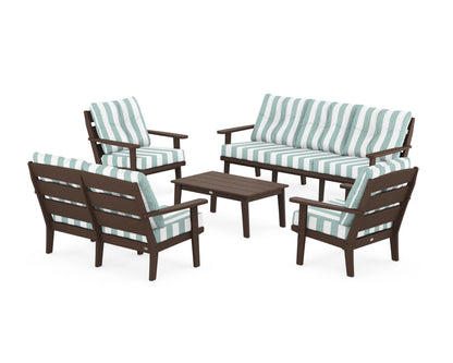 POLYWOOD® Lakeside 5-Piece Lounge Sofa Set in Mahogany / Cabana Stripe Glacier Spa