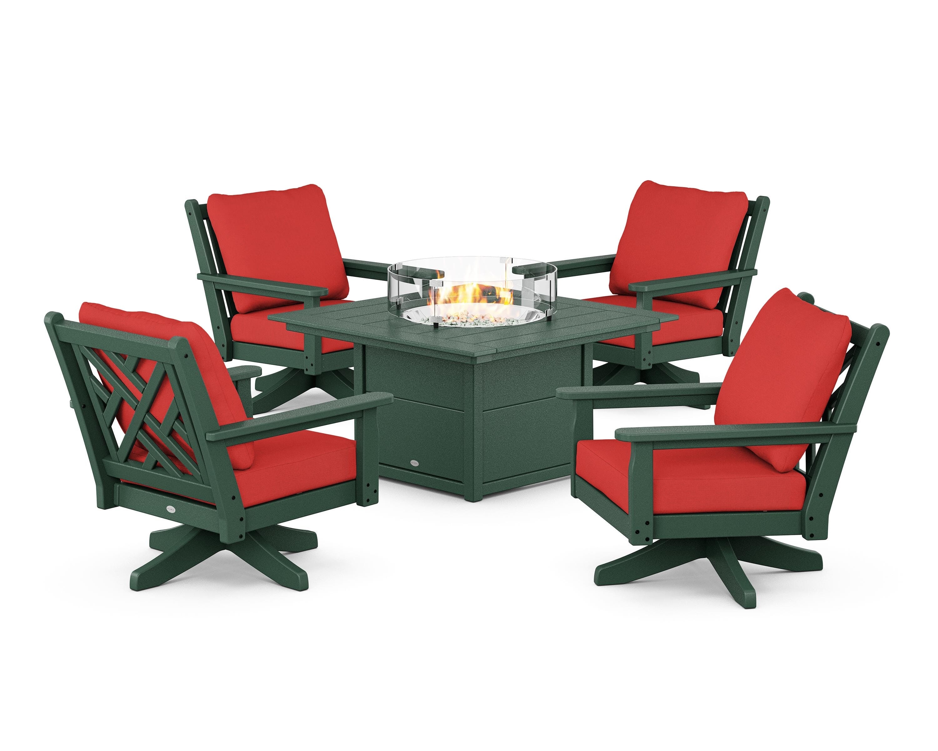 POLYWOOD® Chippendale 5-Piece Deep Seating Swivel Conversation Set with Fire Pit Table in Green / Crimson Linen
