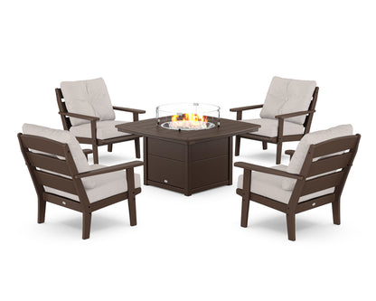 POLYWOOD® Lakeside 5-Piece Deep Seating Set with Nautical Fire Pit Table in Mahogany / Dune Burlap